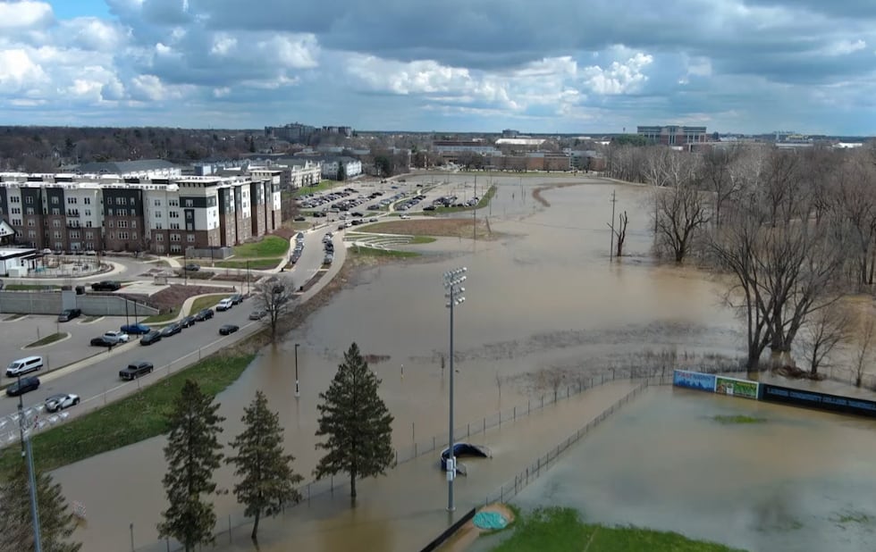 Aerial view of flooding in Lansing after heavy weekend rainfall.