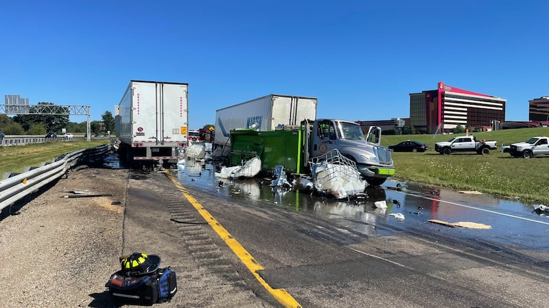 Crash involving three semis causes hazardous material spill on I-94